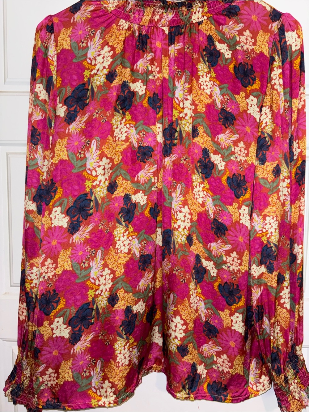 Floral V-Neck Blouse in Fuchsia Pink
